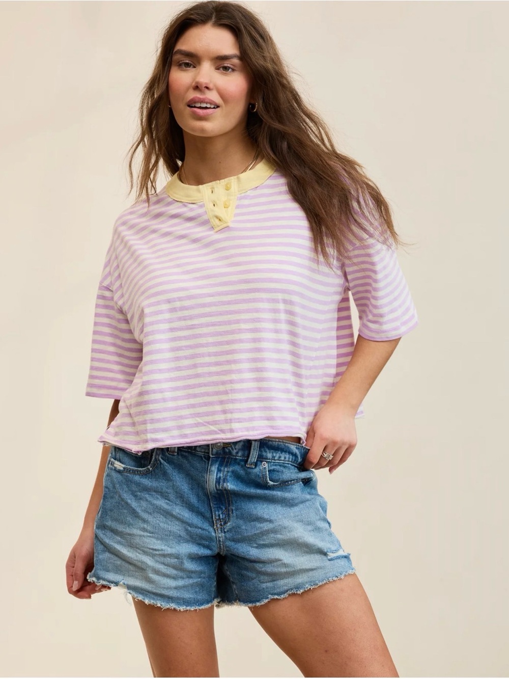 Aerie Remix Henley Cropped T-Shirt Lively Lilac